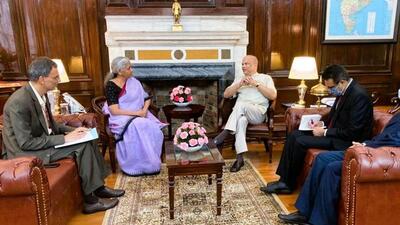 Finance minister Nirmala Sitharaman and Sri Lankan high commissioner Milinda Moragoda at a meeting in New Delhi on Friday. (SRI LANKA HIGH COMMISSION.)