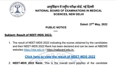 NEET MDS Result 2022 released at nbe.edu.in; Know how how to check here NEET MDS Result 2022 released at nbe.edu.in; Know how how to check here