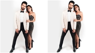 On Thursday, Mira and Shahid took to their Instagram pages to post photos of their sizzling looks for Karan Johar's party. The couple twinned in black and white ensembles for the occasion and served fans with king and queen vibes. While Mira captioned her post, "Looking at my [king] Shahid Kapoor," Shahid wrote, "Looking at my Queen Mira Kapoor." The images show Mira hugging Shahid while posing for the camera. (Instagram)