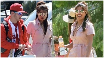 Loved Priyanka Chopra's pale pink jumpsuit to cheer for Nick Jonas at his softball game? It costs ₹21k (Instagram/@jerryxmimi) Loved Priyanka Chopra's pale pink jumpsuit to cheer for Nick Jonas at his softball game? It costs ₹21k (Instagram/@jerryxmimi)