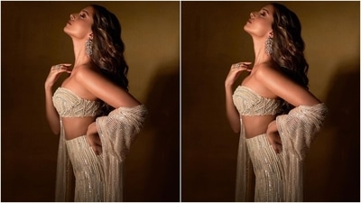In the end, Tara layered a matching georgette dupatta on her arms to round off her modern-esque ethnic look. It comes in a beige shade with embellished tassels and endless sequin adornments. (Instagram/@tarasutaria) In the end, Tara layered a matching georgette dupatta on her arms to round off her modern-esque ethnic look. It comes in a beige shade with embellished tassels and endless sequin adornments. (Instagram/@tarasutaria)