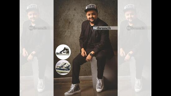 Karan says the most coveted sneakers in India are definitely any of Travis Scott x Nike sneakers (inset) on the higher-end and Jordan 1 Dark Mochas (inset) in the mid-range; Cap by Chromeheart; Sneakers: Dior Oblique (Subi Samuel)