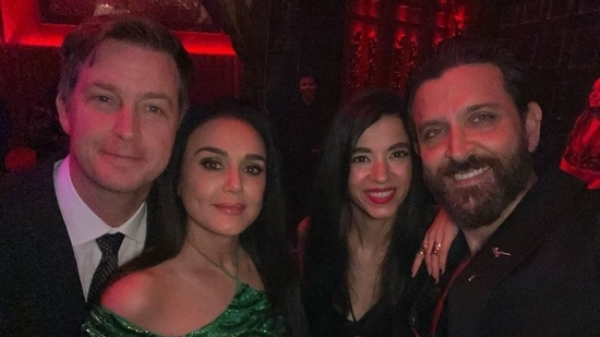 Preity Zinta and husband Gene Goodenough posed with Hrithik Roshan and his girlfriend, actor Saba Azad, in new pics from the Karan Johar party.