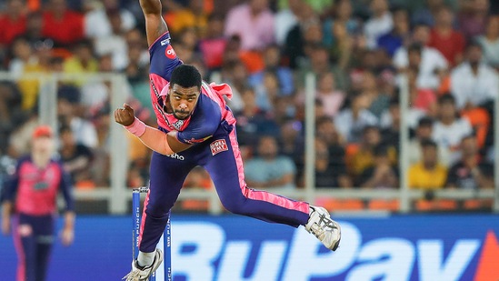 Obed Mccoy of Rajasthan Royals bowls during the Indian Premier League 2022 Qualifier 2(PTI)