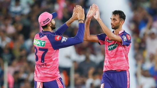 Prasidh Krishna of Rajasthan Royals celebrates after taking a wicket during the Indian Premier League 2022 Qualifier 2(PTI)