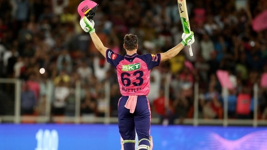 Jos Buttler of Rajasthan Royals celebrates his century during the Indian Premier League 2022 Qualifier 2(PTI)