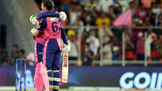 Shimron Hetmyer and Jos Buttler of Rajasthan Royals celebrate their win in the Indian Premier League 2022 Qualifier 2(PTI)