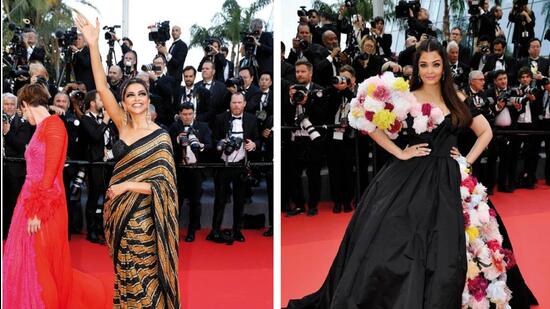 Deepika Padukone (left) and Aishwarya Rai Bachchan on the Cannes red carpet this year