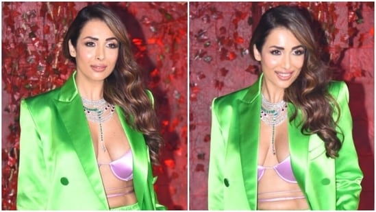 Malaika Arora stole the show at Karan Johar's birthday bash in neon get up, her full look costs a whopping <span class='webrupee'>₹</span>5 lakh(HT Photo/Varinder Chawla)