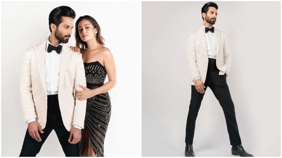 Shahid complemented his wife in a white and black tuxedo. The Jersey actor chose a white jacquard blazer with notch lapel collars, full sleeves and an open front, teamed with a white button-down shirt, black straight-fitted pants and a black satin bow tie.(Instagram)