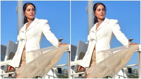 In sleek diamond neck chains, Hina accessorised her look to perfection. For footwear, Hina opted for transparent stilettos.(Instagram/@realhinakhan)