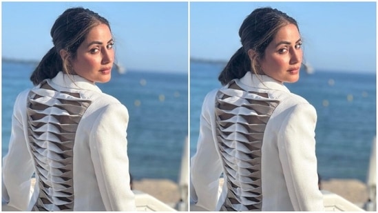 Hina’s blazer featured white and off-white details at the back, which made her look more vibrant.(Instagram/@realhinakhan)