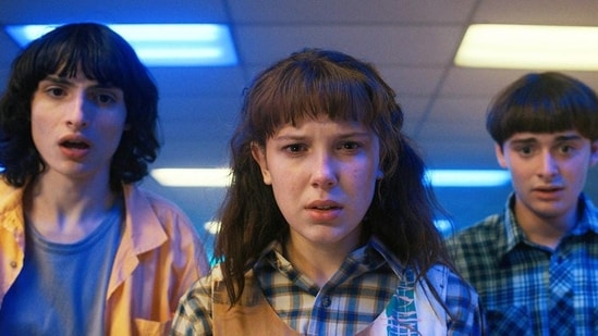 Stranger Things season 4 volume 1 review: Finn Wolfhard, Millie Bobby Brown and Noah Schnapp in a still from the show.