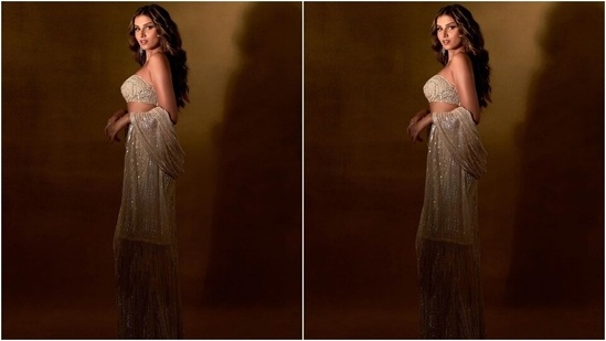 Tara arrived at the birthday bash dressed in a heavily embellished beige Indo-western lehenga set from Bollywood's favourite designer Manish Malhotra's clothing line. She slipped into a luminous co-ord set from Manish's Khaab collection and served sultry sartorial goals. "Last night [heart and sparkle emoticon]," Tara captioned the post.(Instagram/@tarasutaria)