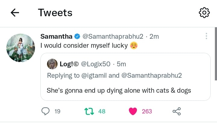 Samantha Ruth Prabhu replied to a Twitter user.