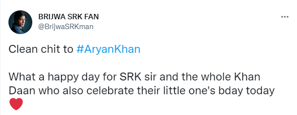 Fan tweets about Aryan Khan being given clean chit by the NCB.