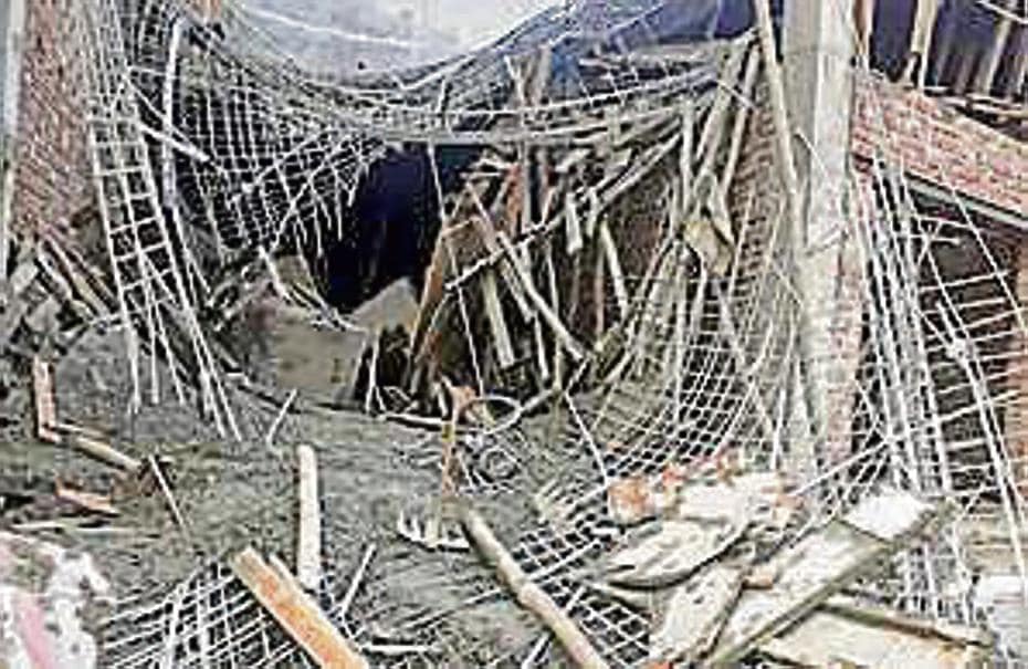 A view of the under constructed site after it collapsed, at Phirni Road, Mundka, in New Delhi, India, on Friday, May 27, 2022. (HT Photo)