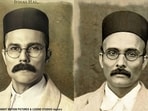 (Left) Randeep Hooda on the poster of Swatantra Veer Savrkar, the biopic of Vinayak Damodar Savarkar (right).