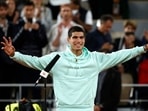 Spain's Carlos Alcaraz celebrates winning his third round match against Sebastian Korda of the U.S.