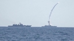 (REPRESENTATIONAL) A still image taken from a video released by Russia's defence ministry on Friday shows a missile being fired from a Russian warship in the Mediterranean sea.