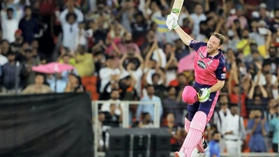 Jos Buttler of Rajasthan Royals celebrates his century (PTI) Jos Buttler of Rajasthan Royals celebrates his century (PTI)