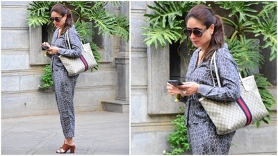 While the top features a notch lapel collar, asymmetric hemline, open cuffs, long sleeves and button-down front, the pants come with a high-rise waistline and straight-fitted silhouette. Kareena wore tan peep-toe block heel sandals, tinted sunglasses, rings and stacked bracelets with the outfit. (HT Photo/Varinder Chawla) While the top features a notch lapel collar, asymmetric hemline, open cuffs, long sleeves and button-down front, the pants come with a high-rise waistline and straight-fitted silhouette. Kareena wore tan peep-toe block heel sandals, tinted sunglasses, rings and stacked bracelets with the outfit. (HT Photo/Varinder Chawla)