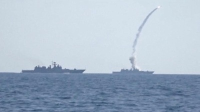 (REPRESENTATIONAL) A still image taken from a video released by Russia's defence ministry on Friday shows a missile being fired from a Russian warship in the Mediterranean sea. (Reuters) (REPRESENTATIONAL) A still image taken from a video released by Russia's defence ministry on Friday shows a missile being fired from a Russian warship in the Mediterranean sea. (Reuters)