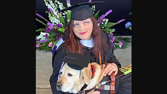 The image, taken from the Instagram video, shows the woman with her guide dog. (Instagram/@my.eyes.ohara)