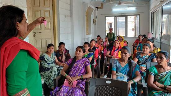 Women during menstrual cups training at Velhe village. (HT PHOTO)