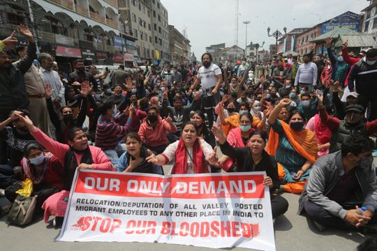 The employees, who were recruited in 2008 under the Prime Minister’s package to facilitate their return following the mass migration of the community from the Valley in the early 1990s, have been protesting since Bhat’s killing.&nbsp; (HT Photo)
