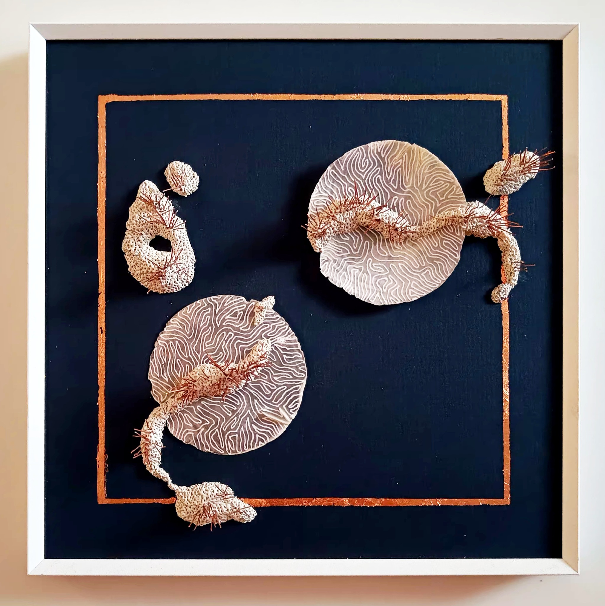 Priyanka D’Souza’s copper on paper work titled Last Minute 2 Gilt. The artist uses satire and fiction to subvert and redress lacunae and exaggerations in mainstream history. Priyanka D’Souza’s copper on paper work titled Last Minute 2 Gilt. The artist uses satire and fiction to subvert and redress lacunae and exaggerations in mainstream history.