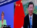 UN human rights chief Michelle Bachelet (left) attending a virtual meeting with China’s President Xi Jinping, in Guangzhou. (AFP) UN human rights chief Michelle Bachelet (left) attending a virtual meeting with China’s President Xi Jinping, in Guangzhou. (AFP)