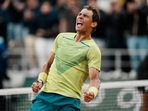 Spain's Rafael Nadal celebrates winning against Canada's Felix Auger-Aliassime in 5 sets, 3-6, 6-3, 6-2, 3-6, 6-3, during their fourth round match at the French Open.