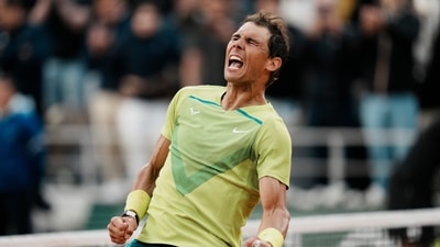 Spain's Rafael Nadal celebrates winning against Canada's Felix Auger-Aliassime in 5 sets, 3-6, 6-3, 6-2, 3-6, 6-3, during their fourth round match at the French Open. (AP) Spain's Rafael Nadal celebrates winning against Canada's Felix Auger-Aliassime in 5 sets, 3-6, 6-3, 6-2, 3-6, 6-3, during their fourth round match at the French Open. (AP)