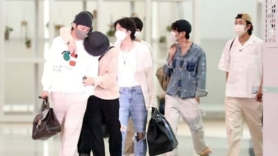 BTS members V, Jimin, Suga, Jin, J-Hope and RM at Seoul airport. BTS members V, Jimin, Suga, Jin, J-Hope and RM at Seoul airport.