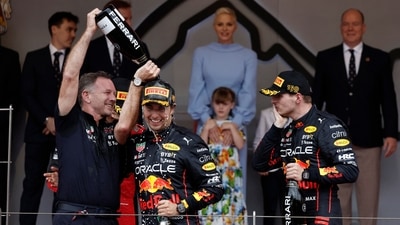 Perez earned his third career F1 victory after a questionable strategy call by Ferrari cost pole-sitter Charles Leclerc a win (REUTERS)