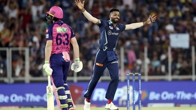 Hardik Pandya of Gujarat Titans celebrates the wicket of Jos Buttler of Rajasthan Royals during the final (PTI) Hardik Pandya of Gujarat Titans celebrates the wicket of Jos Buttler of Rajasthan Royals during the final (PTI)