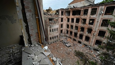 This photograph taken on May 28, 2022, shows the damaged building of the Faculty of Economics of Karazin National University in Kharkiv, amid Russian invasion of Ukraine. (AFP) This photograph taken on May 28, 2022, shows the damaged building of the Faculty of Economics of Karazin National University in Kharkiv, amid Russian invasion of Ukraine. (AFP)