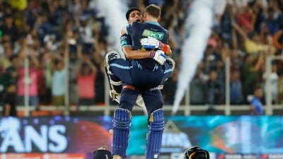 Gill took off his helmet and let out a roar after the shot sailed over the boundary. (BCCI) Gill took off his helmet and let out a roar after the shot sailed over the boundary. (BCCI)
