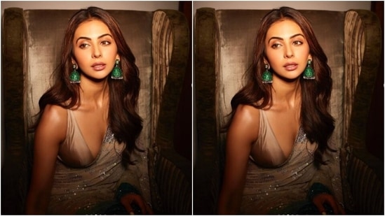 Rakul Preet further accessorised her look for the day in statement green jhumkas. “In a blingtastic mood,” she captioned her pictures.(Instagram/@rakulpreet)