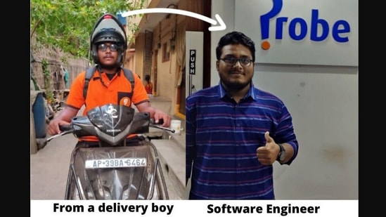 The image taken from the LinkedIn post shows the man who started learning coding while working as a delivery boy. (LinkedIn/@Shaik Abdul Sathar)