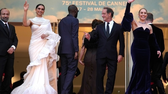 Jury president Vincent Lindon with jury members Asghar Farhadi, Deepika Padukone, Ladj Ly, and Noomi Rapace.&nbsp;(AP)