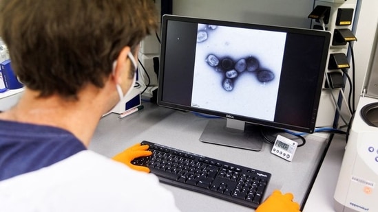 An employee of the vaccine company Bavarian Nordic shows a picture of a vaccine virus on a display in a laboratory of the company in Martinsried near Munich, Germany(REUTERS)