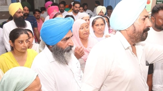 Charan Kaur, the mother of Sidhu Moose Wala in Civil Hospital in Mansa.(Sanjeev Kumar)