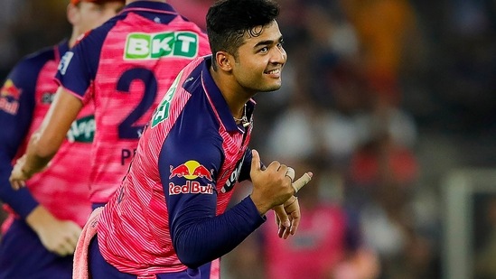 Riyan Parag of Rajasthan Royals celebrates the wicket of Matthew Wade of Gujarat Titans during the final T20 cricket match of the Indian Premier League 2022 (PTI)