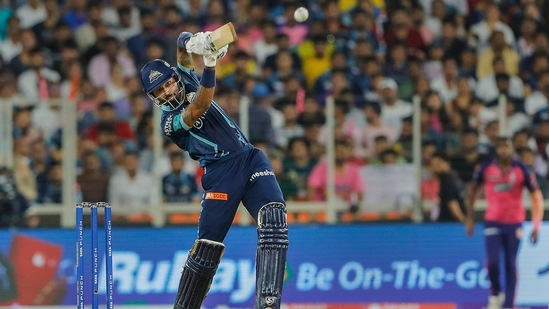 Hardik Pandya of GT plays a shot during the final T20 cricket match of the Indian Premier League 2022(PTI)