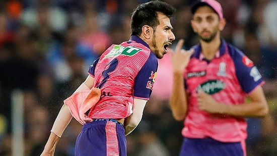Yuzvendra Chahal of Rajasthan Royals celebrates the wicket of Hardik Pandya of Gujarat Titans during the final T20 cricket match of the Indian Premier League 2022(PTI)