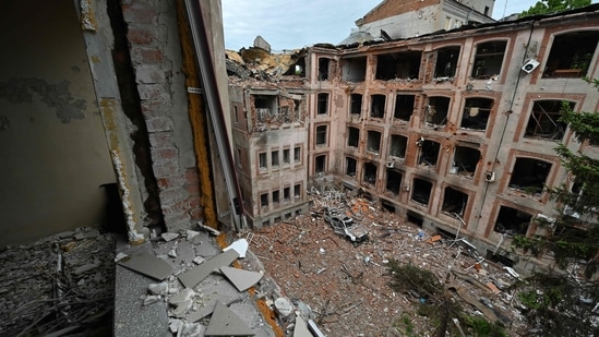 This photograph taken on May 28, 2022, shows the damaged building of the Faculty of Economics of Karazin National University in Kharkiv, amid Russian invasion of Ukraine.&nbsp;(AFP)