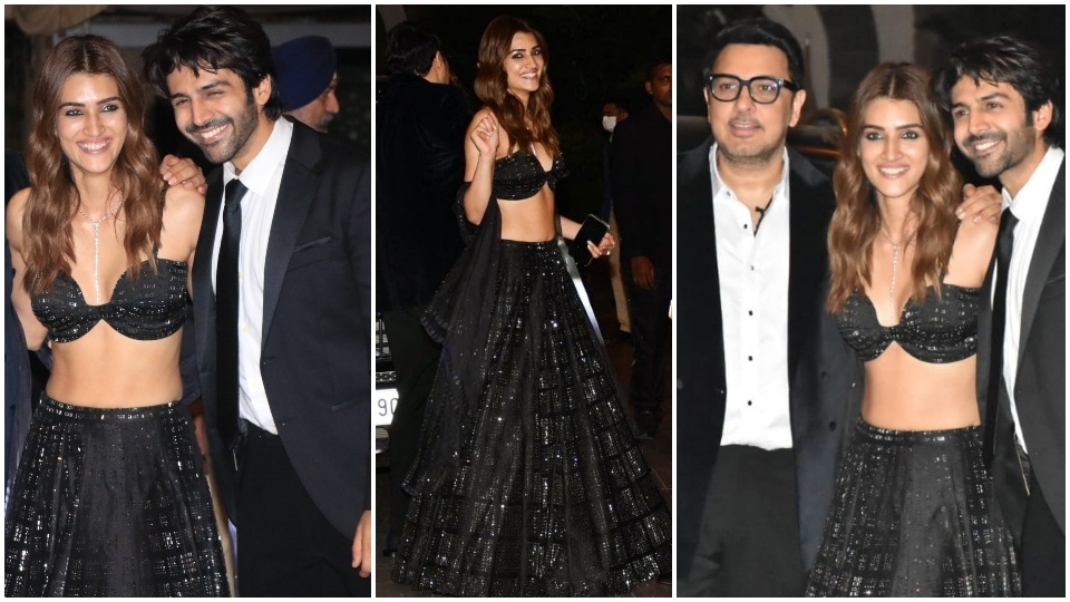 Kriti Sanon with Kartik Aaryan and Dinesh Vijan.&nbsp; (HT Photo/Varinder Chawla)