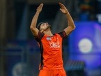 Umran Malik of the Sunrisers Hyderabad celebrates the wicket of Hardik Pandya (PTI) Umran Malik of the Sunrisers Hyderabad celebrates the wicket of Hardik Pandya (PTI)